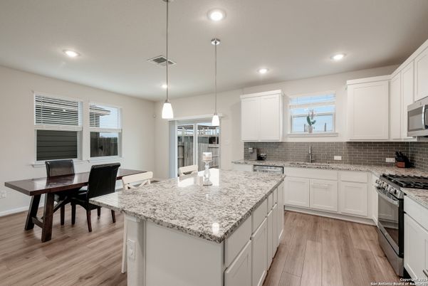 Dining room, Interior, Kitchen, Pendant Lights, Recessed Lighting, Wood Texture Flooring