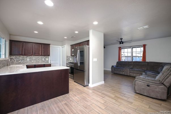 Interior, Kitchen, Living room, Recessed Lighting, Stainless Steel Appliances, Wood Texture Flooring