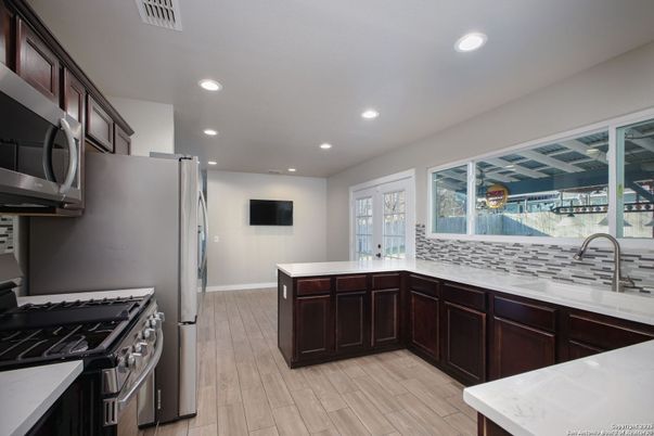 Interior, Kitchen, Recessed Lighting, Wood Texture Flooring