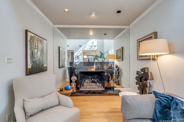 Fireplace, Interior, Recessed Lighting, Wood Texture Flooring