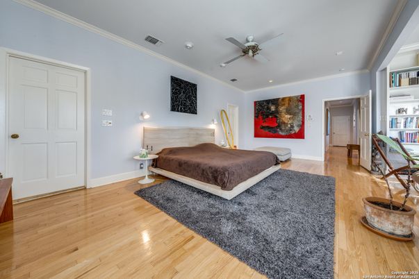 Bedroom, Interior, Recessed Lighting, Wood Texture Flooring