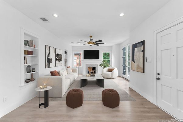 Fireplace, Interior, Living room, Recessed Lighting, Wood Texture Flooring