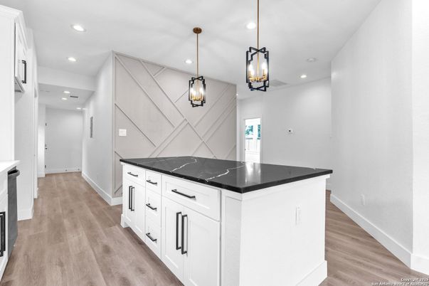 Interior, Kitchen, Pendant Lights, Recessed Lighting, Wood Texture Flooring