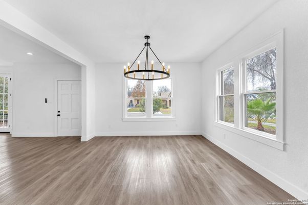 Chandelier, Empty room, Interior, Recessed Lighting, Wood Texture Flooring