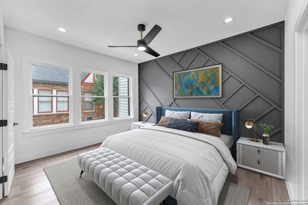 Bedroom, Interior, Recessed Lighting, Wood Texture Flooring
