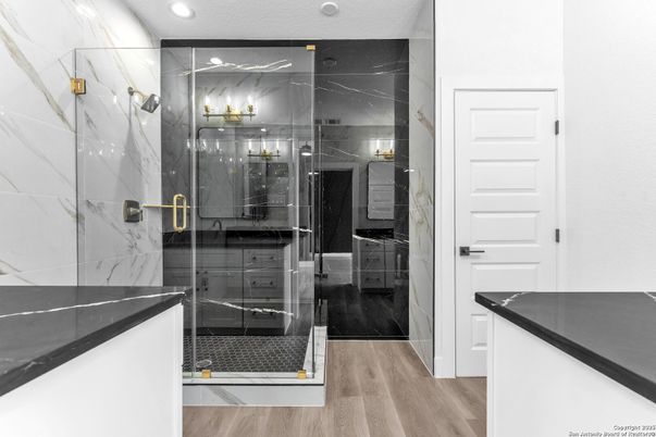Bathroom, Glass Shower, Interior, Marble Walls, Recessed Lighting, Wood Texture Flooring