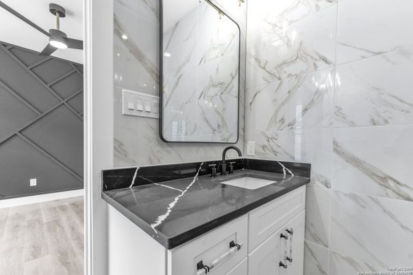 Bathroom, Interior, Marble Walls, Wood Texture Flooring