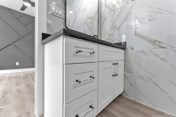 Bathroom, Interior, Marble Walls, Wood Texture Flooring