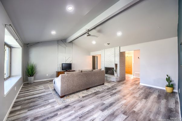 Fireplace, Interior, Living room, Recessed Lighting, Wood Texture Flooring