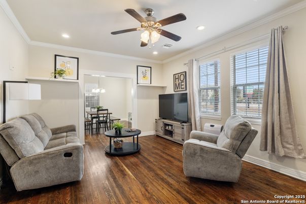 Dining room, Interior, Living room, Recessed Lighting, Wood Texture Flooring
