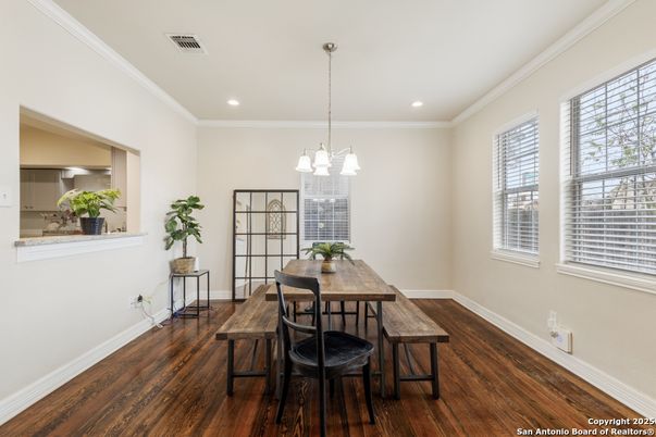 Chandelier, Dining room, Interior, Pendant Lights, Recessed Lighting, Wood Texture Flooring