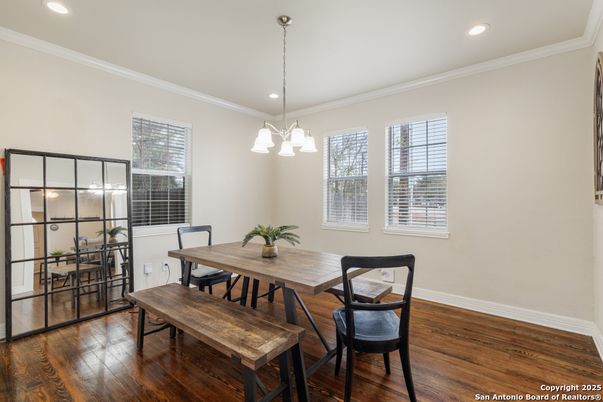 Dining room, Interior, Pendant Lights, Recessed Lighting, Wood Texture Flooring