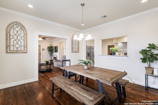 Dining room, Interior, Pendant Lights, Recessed Lighting, Wood Texture Flooring