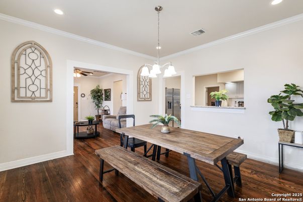 Dining room, Interior, Pendant Lights, Recessed Lighting, Wood Texture Flooring