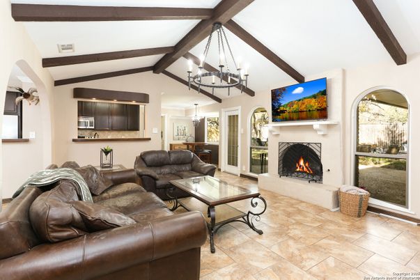 Chandelier, Fireplace, Interior, Living room, Pendant Lights, Wooden Beams