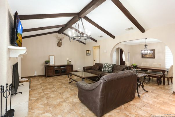 Chandelier, Dining room, Fireplace, Interior, Living room, Wooden Beams