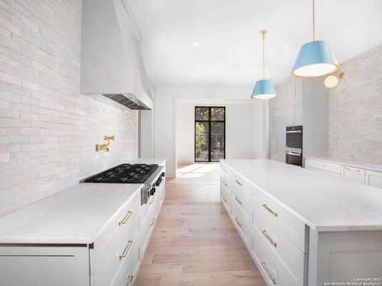 Interior, Kitchen, Pendant Lights, Recessed Lighting, Stone Walls, Wood Texture Flooring