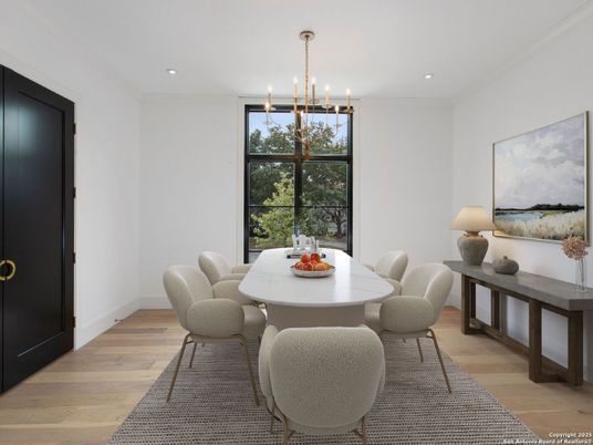 Dining room, Interior, Pendant Lights, Recessed Lighting, Wood Texture Flooring