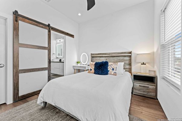 Bedroom, Interior, Recessed Lighting, Wood Texture Flooring