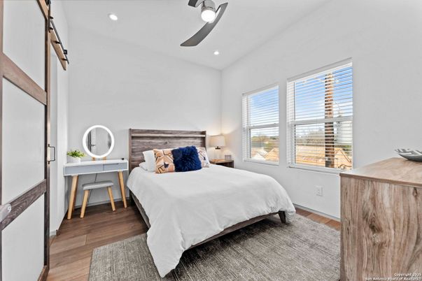Bedroom, Interior, Recessed Lighting, Wood Texture Flooring