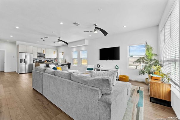 Interior, Kitchen, Living room, Recessed Lighting, Stainless Steel Appliances, Wood Texture Flooring