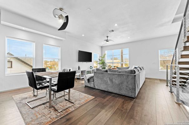 Dining room, Interior, Living room, Recessed Lighting, Wood Texture Flooring