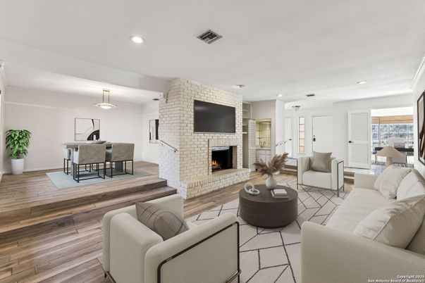 Dining room, Fireplace, Interior, Living room, Pendant Lights, Recessed Lighting, Stone Walls, Wood Texture Flooring