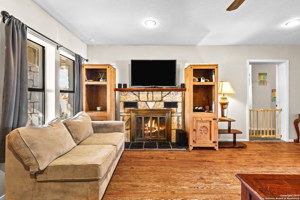 Fireplace, Interior, Living room, Recessed Lighting, Wood Texture Flooring
