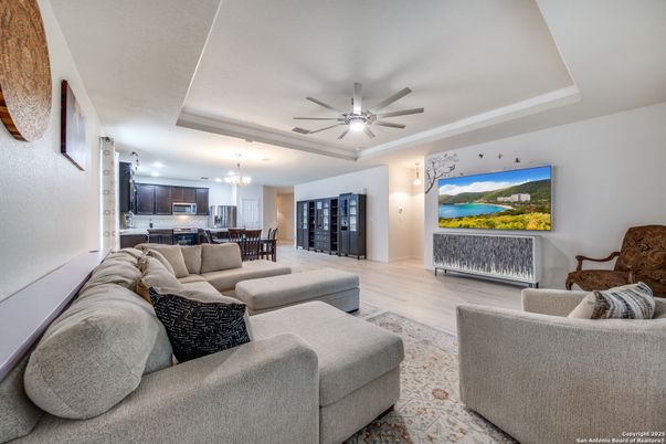 Chandelier, Dining room, Interior, Kitchen, Living room, Recessed Lighting, Stainless Steel Appliances, Wood Texture Flooring