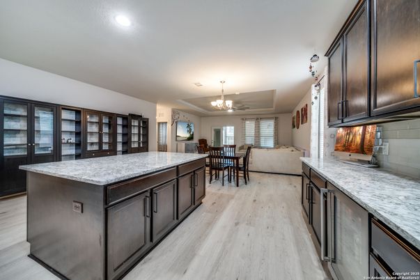 Chandelier, Dining room, Interior, Kitchen, Recessed Lighting, Wood Texture Flooring