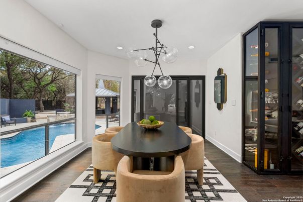 Dining room, Interior, Pendant Lights, Recessed Lighting, Wood Texture Flooring