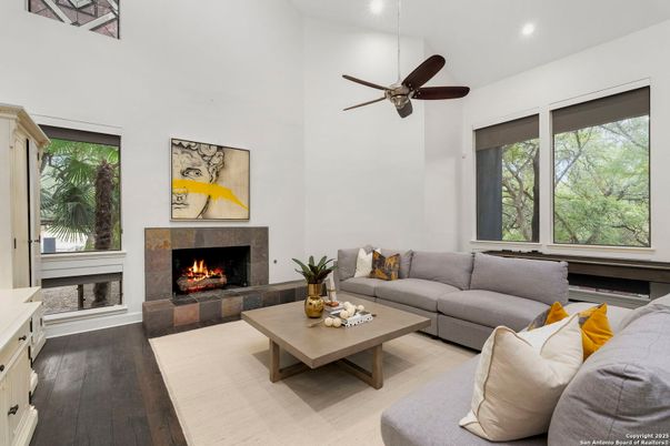 Fireplace, Interior, Living room, Recessed Lighting, Wood Texture Flooring