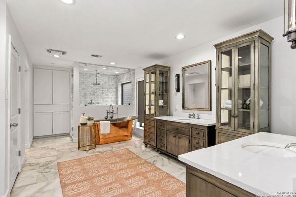 Bathroom, Dual Sink Vanities, Free Standing Baths, Glass Shower, Interior, Marble, Recessed Lighting