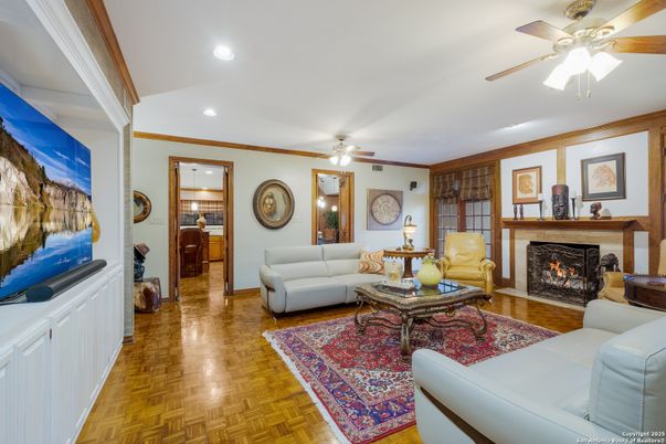 Fireplace, Interior, Living room, Recessed Lighting, Wood Texture Flooring