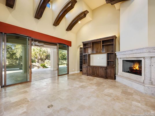 Fireplace, Interior, Recessed Lighting, Wooden Beams