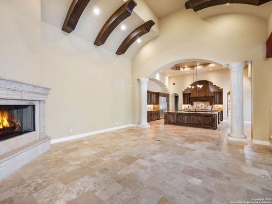 Fireplace, Interior, Kitchen, Pendant Lights, Recessed Lighting, Wooden Beams
