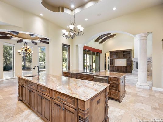 Chandelier, Interior, Kitchen, Recessed Lighting, Stainless Steel Appliances, Wooden Beams