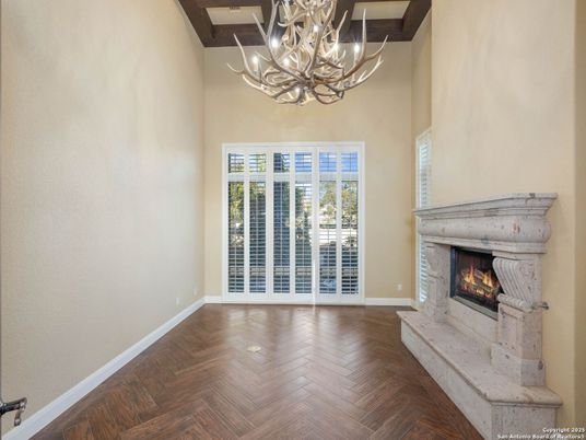 Chandelier, Empty room, Fireplace, Interior, Wooden Beams, Wood Texture Flooring