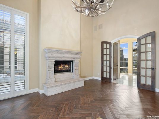 Chandelier, Fireplace, Interior, Wood Texture Flooring