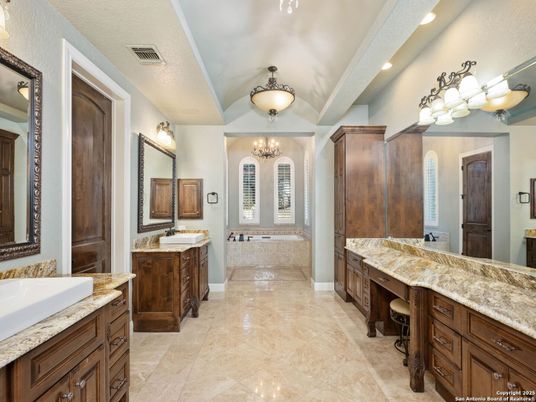 Bathroom, Chandelier, Dual Sink Vanities, Interior, Recessed Lighting