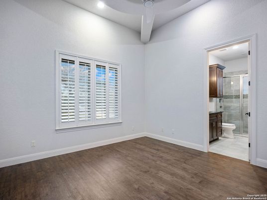 Bathroom, Empty room, Glass Shower, Interior, Recessed Lighting, Wood Texture Flooring