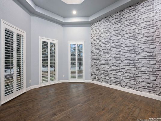Empty room, Interior, Recessed Lighting, Stone Walls, Wood Texture Flooring