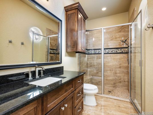 Bathroom, Glass Shower, Interior, Recessed Lighting, Wood Texture Flooring