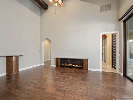 Empty room, Fireplace, Interior, Wooden Beams, Wood Texture Flooring