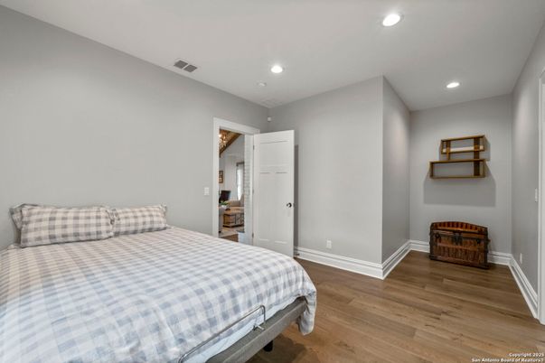 Bedroom, Interior, Recessed Lighting, Wood Texture Flooring