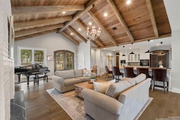 Chandelier, Dining room, Interior, Kitchen, Living room, Pendant Lights, Piano, Recessed Lighting, Wooden Beams, Wooden Ceilings, Wood Texture Flooring