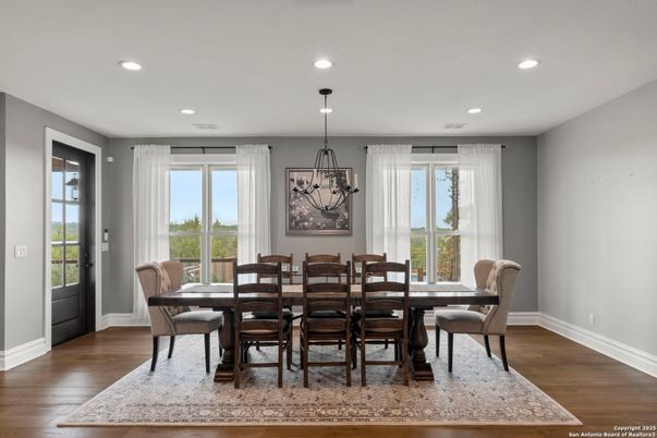 Dining room, Interior, Pendant Lights, Recessed Lighting, Wood Texture Flooring