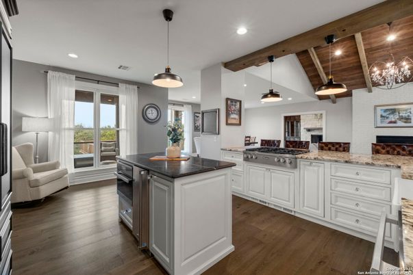Interior, Kitchen, Pendant Lights, Recessed Lighting, Stainless Steel Appliances, Wooden Beams, Wooden Ceilings, Wood Texture Flooring