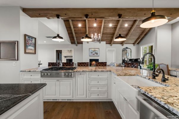 Fireplace, Interior, Kitchen, Pendant Lights, Wooden Beams, Wooden Ceilings, Wood Texture Flooring