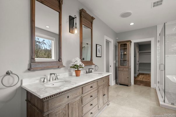 Bathroom, Dual Sink Vanities, Glass Shower, Interior, Recessed Lighting, Walk-in Closets